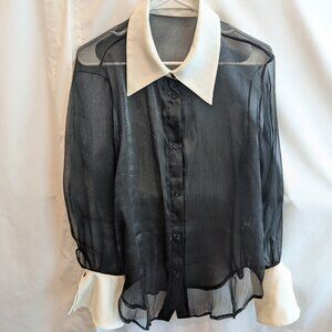 Shein Sheer Black Organza Blouse with Contrast Collar 0XL